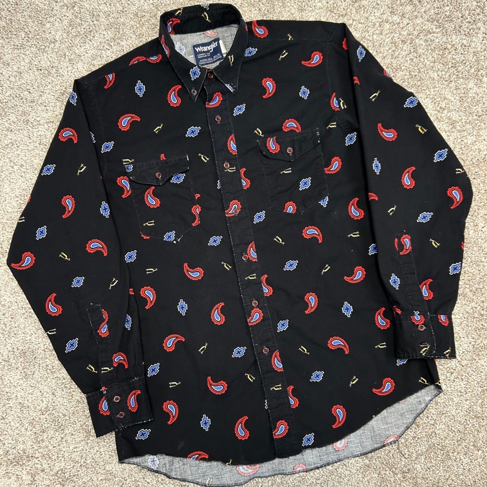 Vintage Wrangler Aztec Paisley Western Cowboy Cut Shirt Men Size 16.5-34 USA